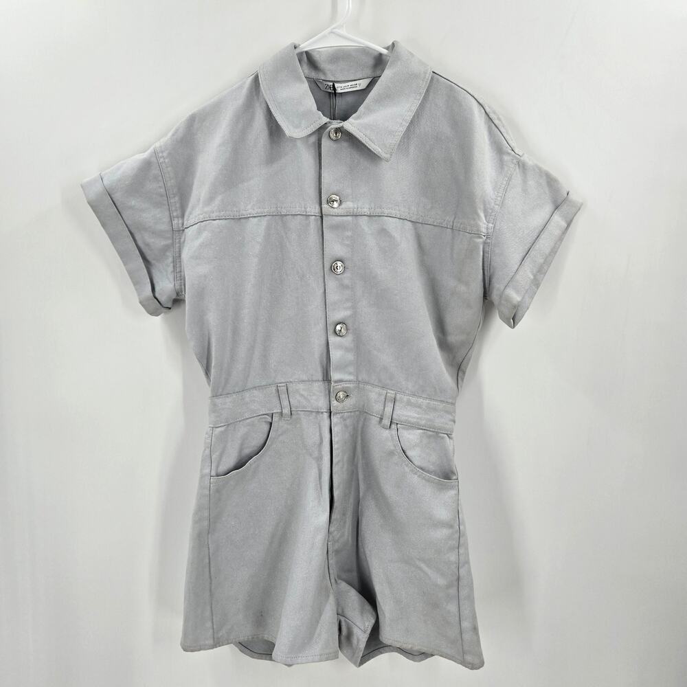 NWT Zara Collared Denim Metallic Blue/Silver Romper Size M
